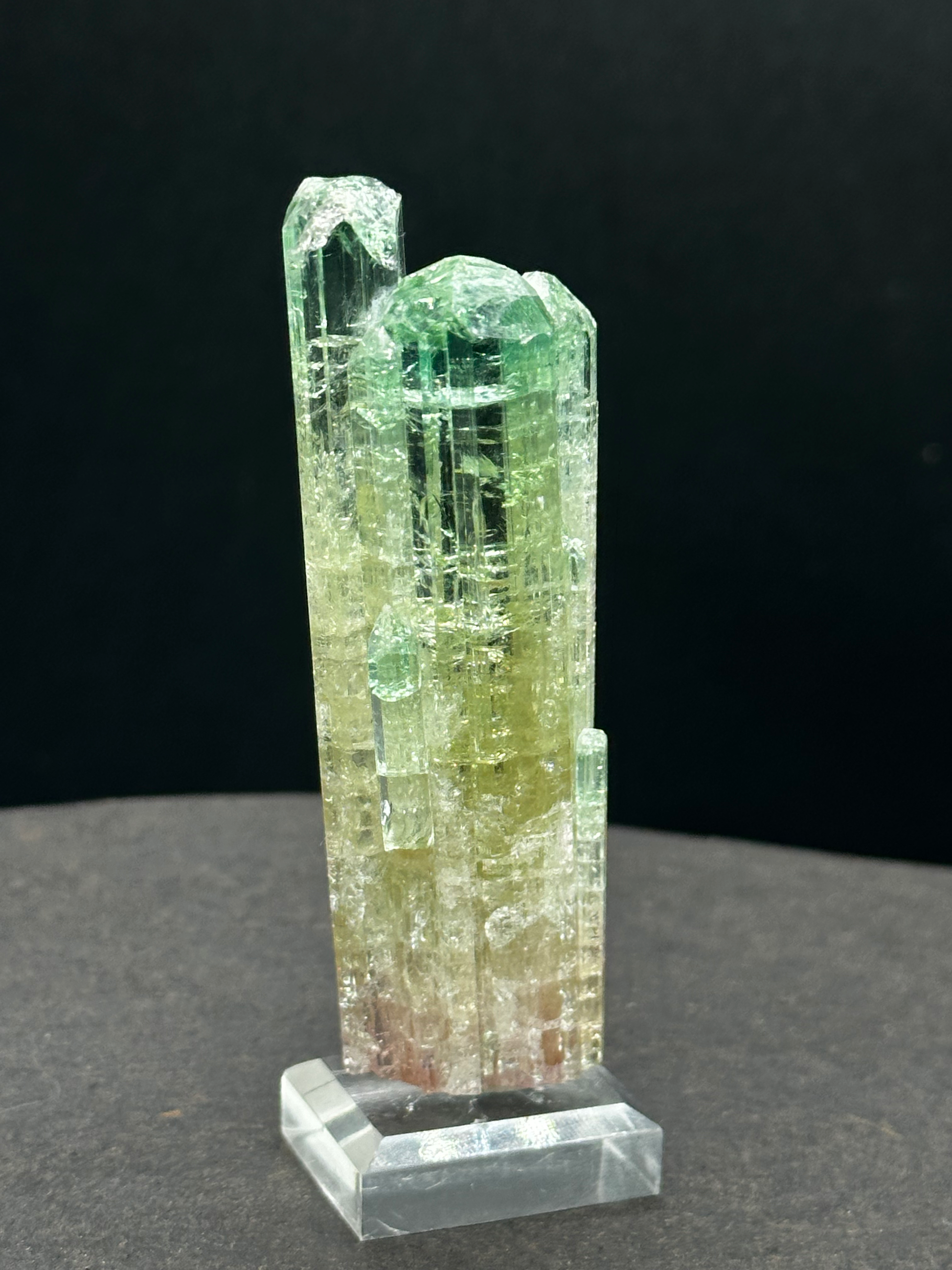 Side view of tri-color watermelon tourmaline cluster showing multiple transparent crystal columns and full color zoning from pink base to green crown