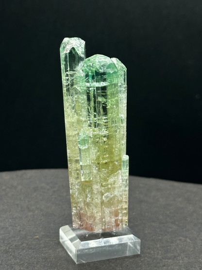 Side view of tri-color watermelon tourmaline cluster showing multiple transparent crystal columns and full color zoning from pink base to green crown