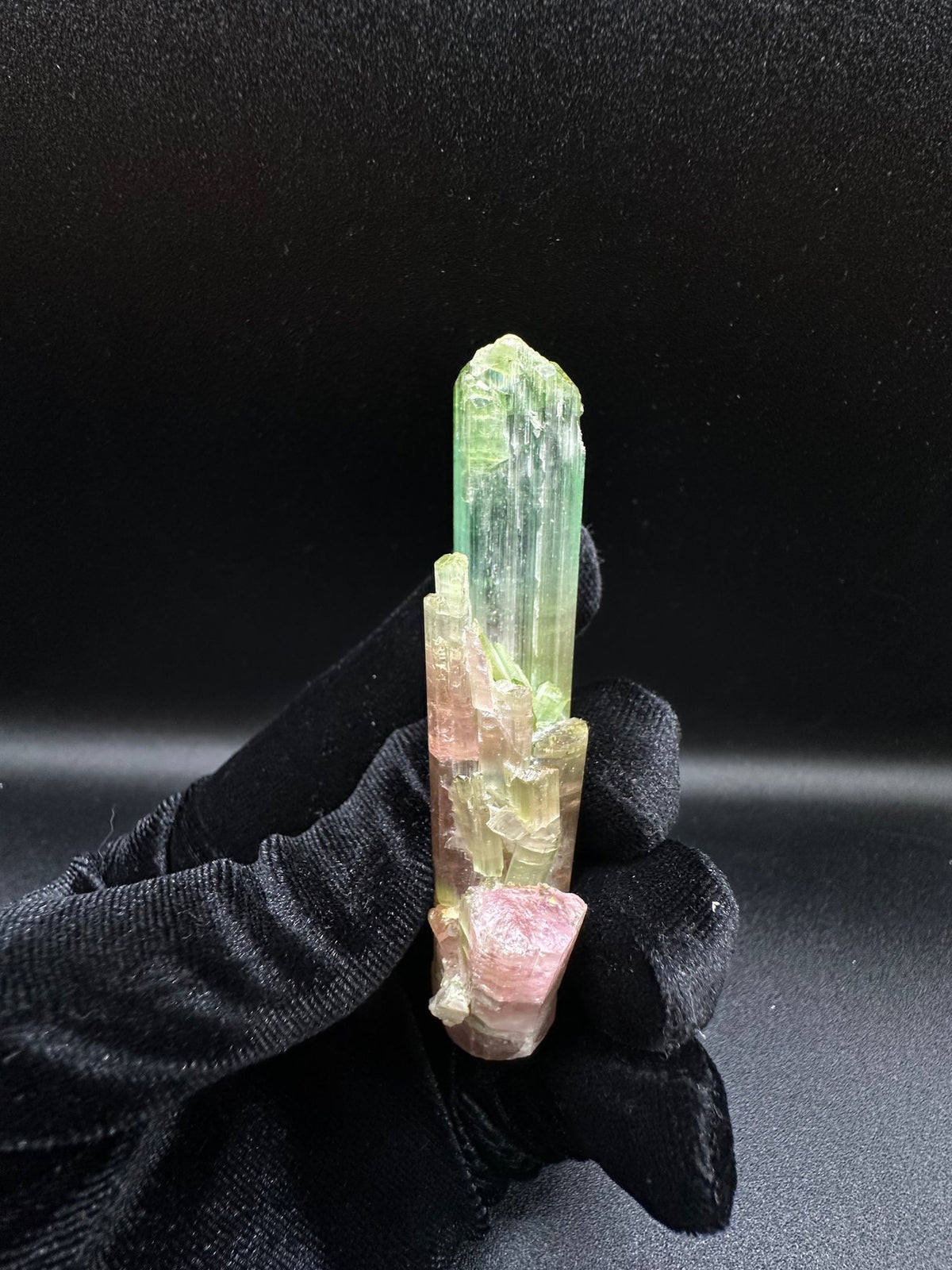 Raw tri-color watermelon tourmaline crystal in green and peach from Pakistan, view 8
