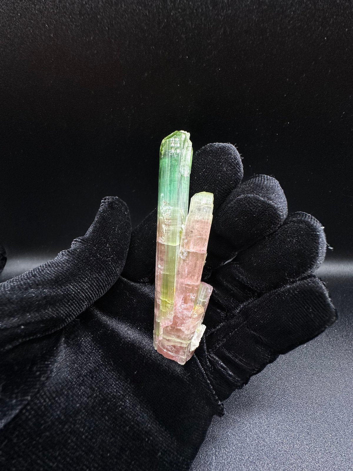 Raw tri-color watermelon tourmaline crystal in green and peach from Pakistan, view 9