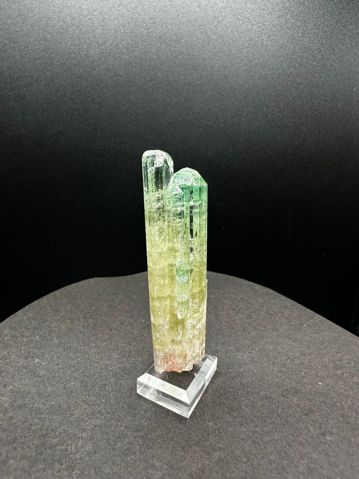 Multi-column watermelon tourmaline cluster in green, yellow and pink, on a stand, Pakistan, side view